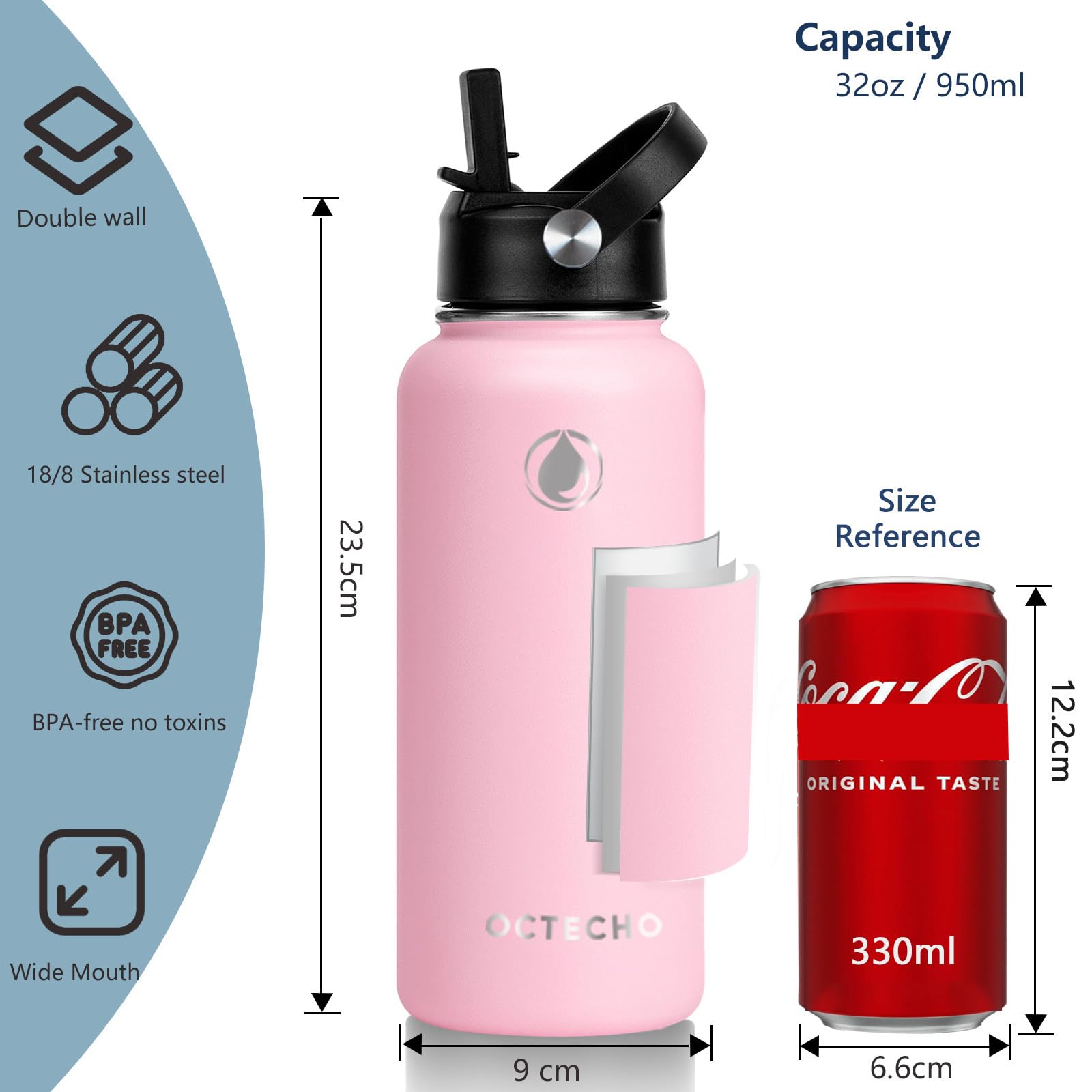 OcTecho Metal Water Bottle with Straw, 950ml Stainless Steel Water Bottle 2 Leakproof Lids - Image 2