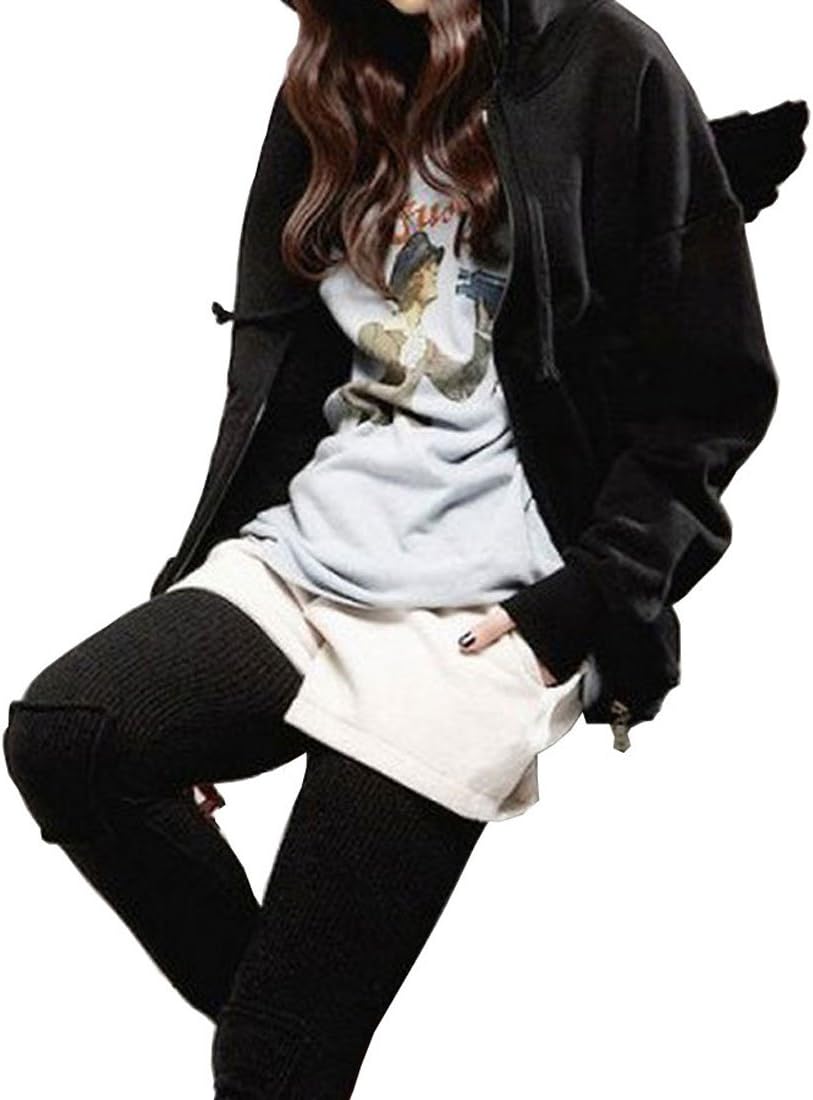 Women Front Zipper Angel Wings Long Sleeve Fleeces Pockets Hoodie Hooded Sweatshirt Tunic Jacket Coat,XL = US M,Black