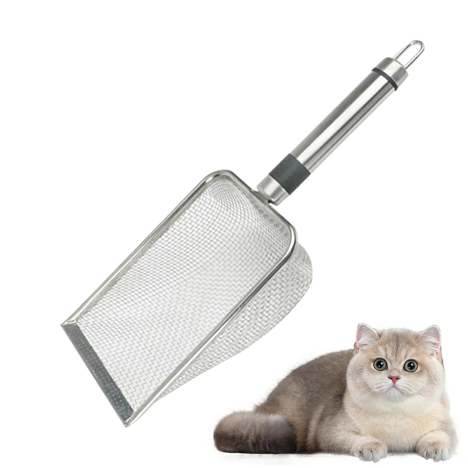 Integrated Metal Cat Litter Scoop, Stainless Steel Mesh Litter Scoop, Long Handle Cat Scooper, Poop Sifting Mesh Litter Deep Shovel, Cat Litter Scooper for Litter Box/Reptile Terrarium Sand Waste