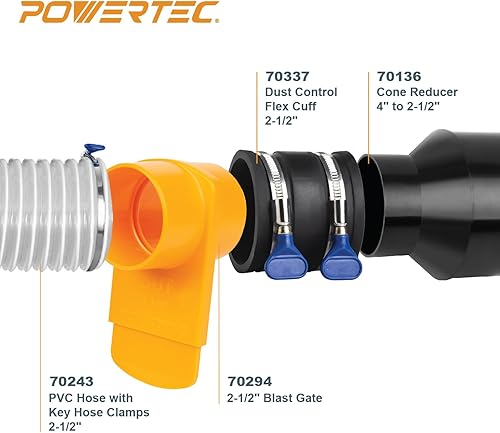 Miniatura 2 de POWERTEC 70402 Manguera de 4 pulgadas a 2-12 pulgadas reductor de cono de manguera y 2-12 pulgadas de control de polvo flexible con abrazaderas de
