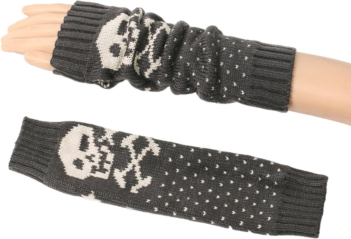 Knitted Skull Pattern Fingerless Gloves Winter Half Finger Mittens Stretchy Keep Warm Arm Warmer Gloves For Girls Teens Long