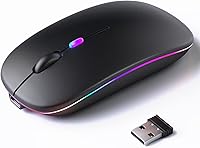 KANMABPC Rechargeable Silent Wireless Bluetooth Mouse, Dual Mode BT 5.2 & 2.4G USB, Colorful LED Lights, Portable for Laptop Tablet PC - Black