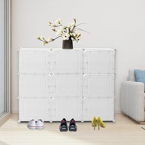 Miniatura 4 de LOYALHEARTDY Zapatero portátil organizador de 36 pares de zapatos de bricolaje, estante de almacenamiento de zapatos de plástico blanco con cubierta