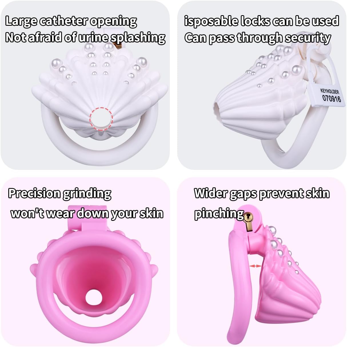 Pearl Shell Male Chastity Cage, Lovely Lightweight ABS+Resin Chastity Device Adult Sex Toys with 4 Different Sizes Rings & Invisible Lock for Men