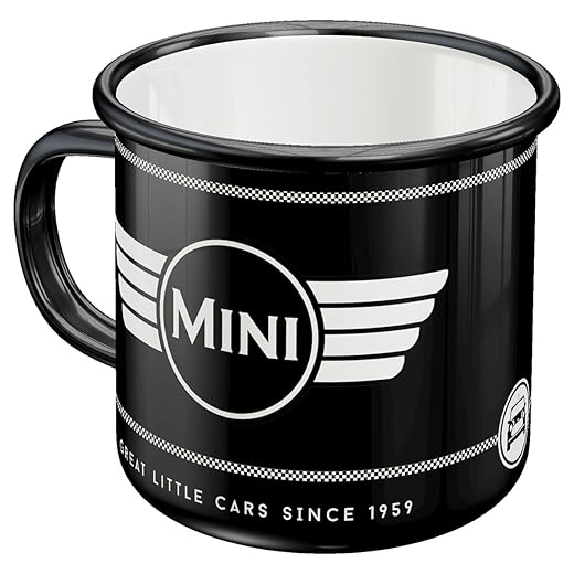 Nostalgic-Art Taza esmaltada retro, Mini – Logo Black – Idea de regalo para aficionados a coches, Copa para camping, diseño vintage con frase, 360 ml