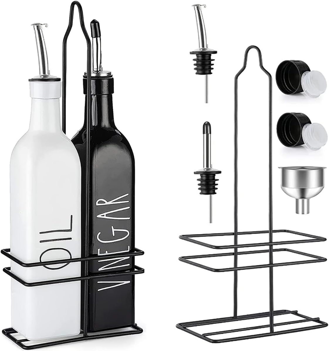 Oil and Vinegar Dispenser Set - Farmhouse Olive and Vinegar Dispenser โ Chic Olive Oil Dispenser โ Black and White Bottle with spouts and oil bottle top 2 x 500ml
