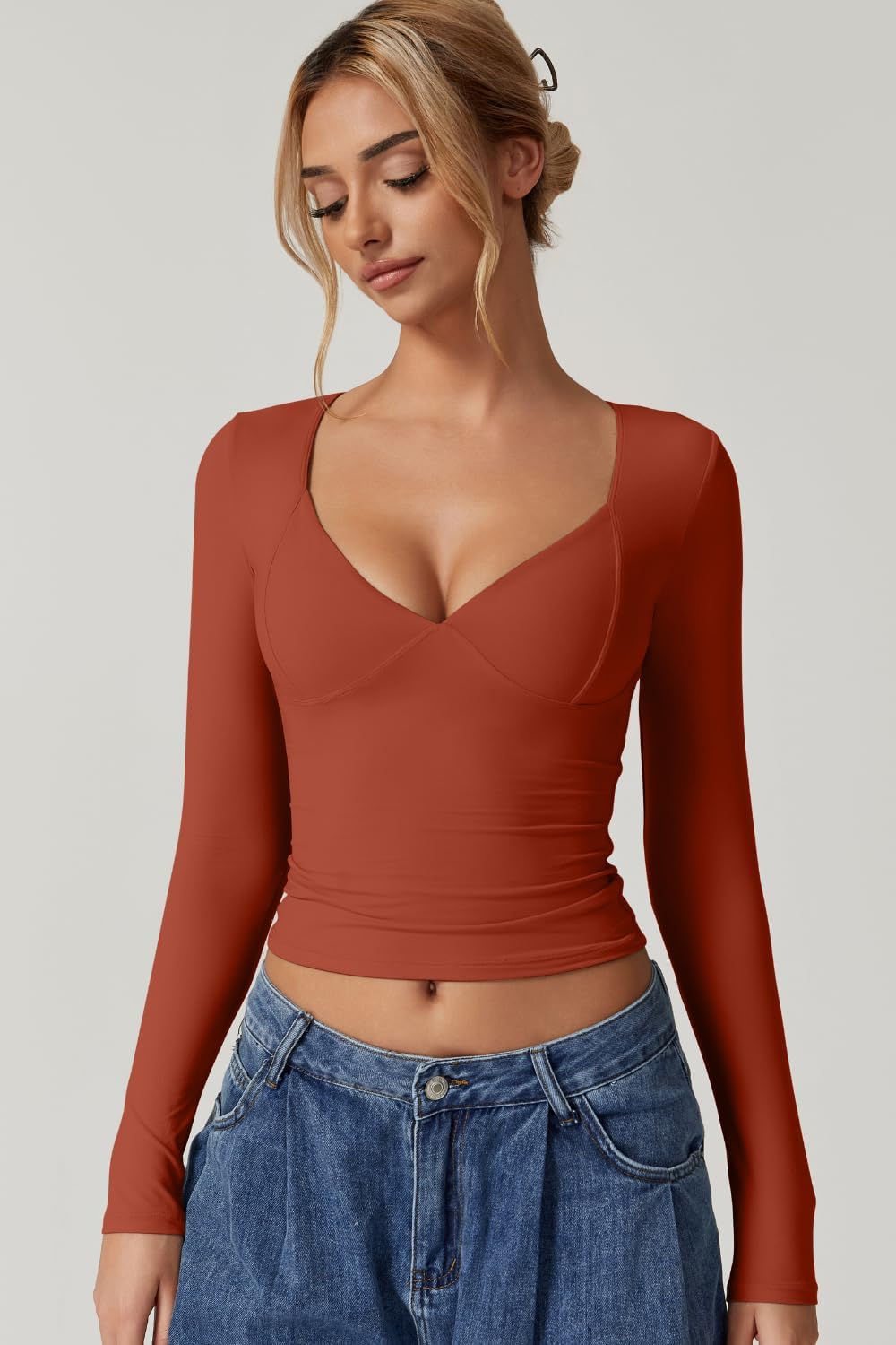 QINSEN Women's Long Sleeve V Neck T Shirts Double Lined Crop Top Seamed Cup Going Out Tops