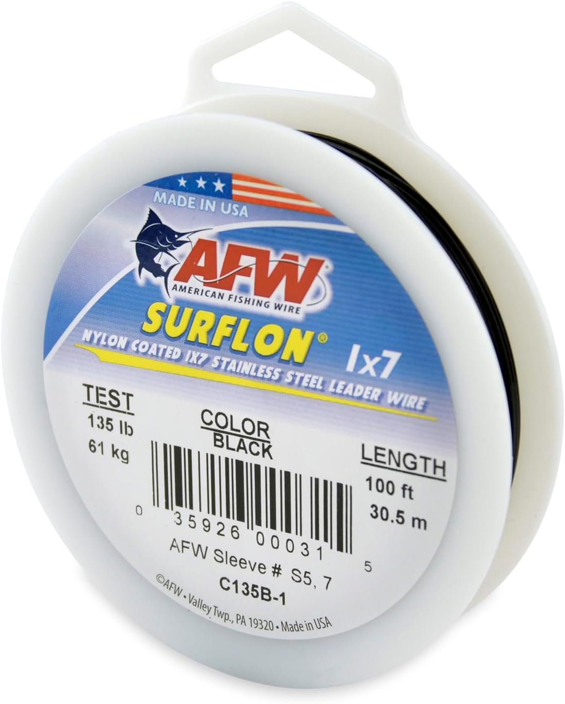 American Fishing Wire Surflon Nylon Coated 1x7 Stainless Steel Leader Wire - Fishing Leader Line for Saltwater, 10lb Test - 250lb Test in Bright, Black, Camo in 30ft, 100ft, 300ft and 1,000ft Lengths