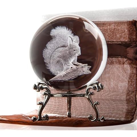 HDCRYSTALGIFTS 3D Crystal Ball 2.4inch Laser Engraved Crystal Squirrel Figurine Collectibles Paperweight Glass Sphere Ornament Decorative Balls Cover