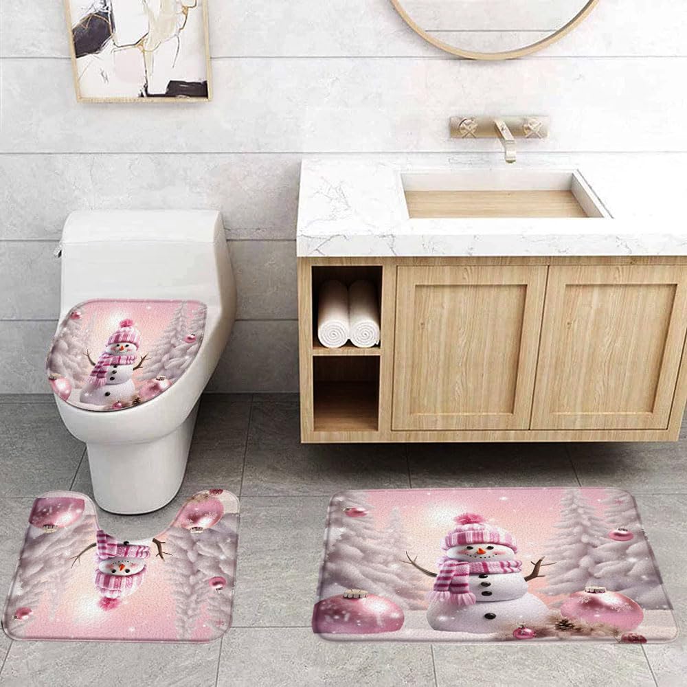 Christmas Snowman 3 Pcs Bath Rugs Set,Cute Pink Snowman Snowy Forest Snowflake Xmas Ball Winter Holiday Festival Bathroom Kitchen Rug with 16