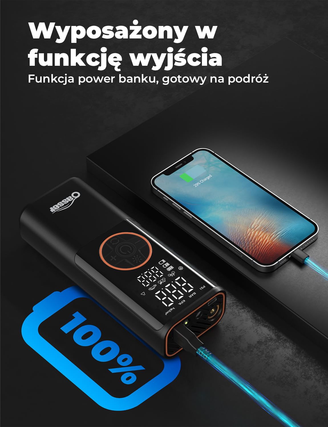Oasser Przenośna Pompa 6000mAh z Podwójnym Wyświetlaczem Preset Pressure AutoStop 150PSI Do Opony/Rower/Motocykl 3M Kabel do Zapalniczki i Torba