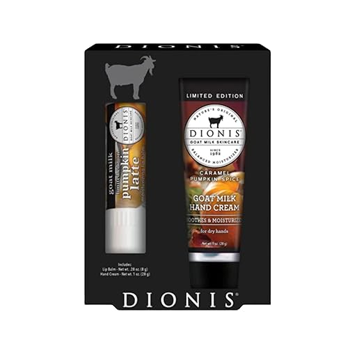 Dionis Juego de crema de manos y bálsamo labial con aroma a especias de caramelo y calabaza de leche de cabra (1 oz y 0.28 onzas), fabricado en los