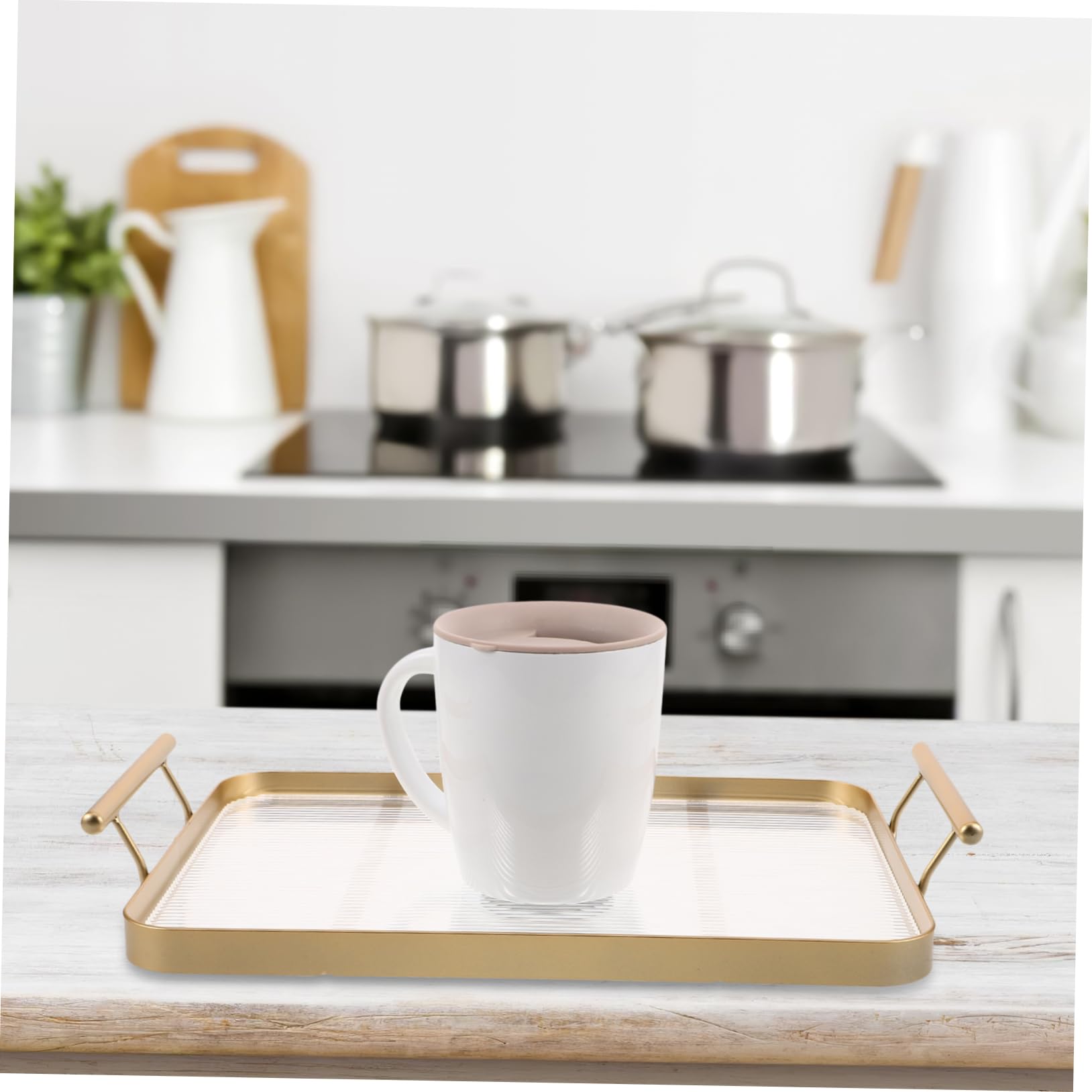 Bandeja Rectangular Acrílica Dorada con Asas, Elegante y Estable | Uso Multipropósito, Fácil de Limpiar, Patrón Horizontal Refinado, para Mesa de Comedor y Dormitorio