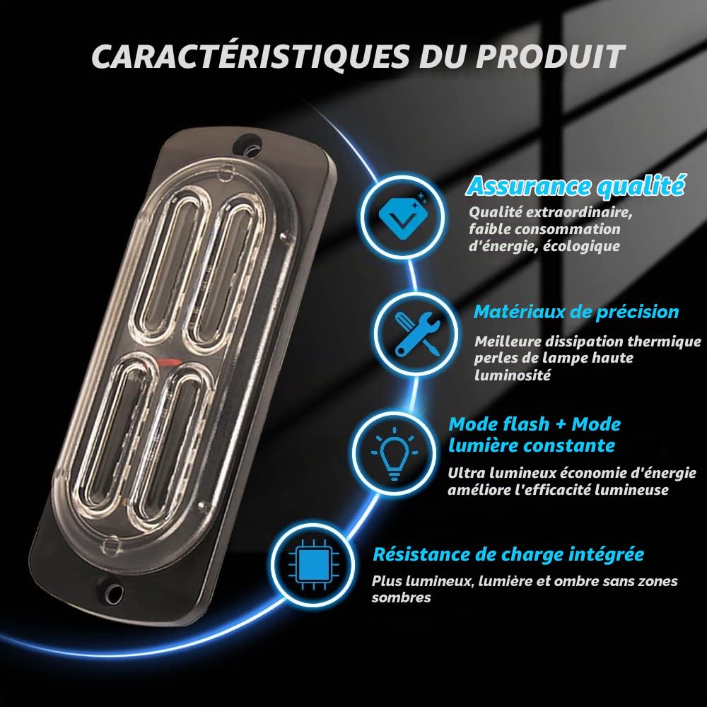 4x20 LED Lumiere Calandre Voiture 18 Modes Stroboscopiques Urgence Clignotant Balise Lampe Bleu Avec TéLéCommande Sans Fil Pour 12-24V Voitures Camions Fourgon Tracteurs LED Lumière