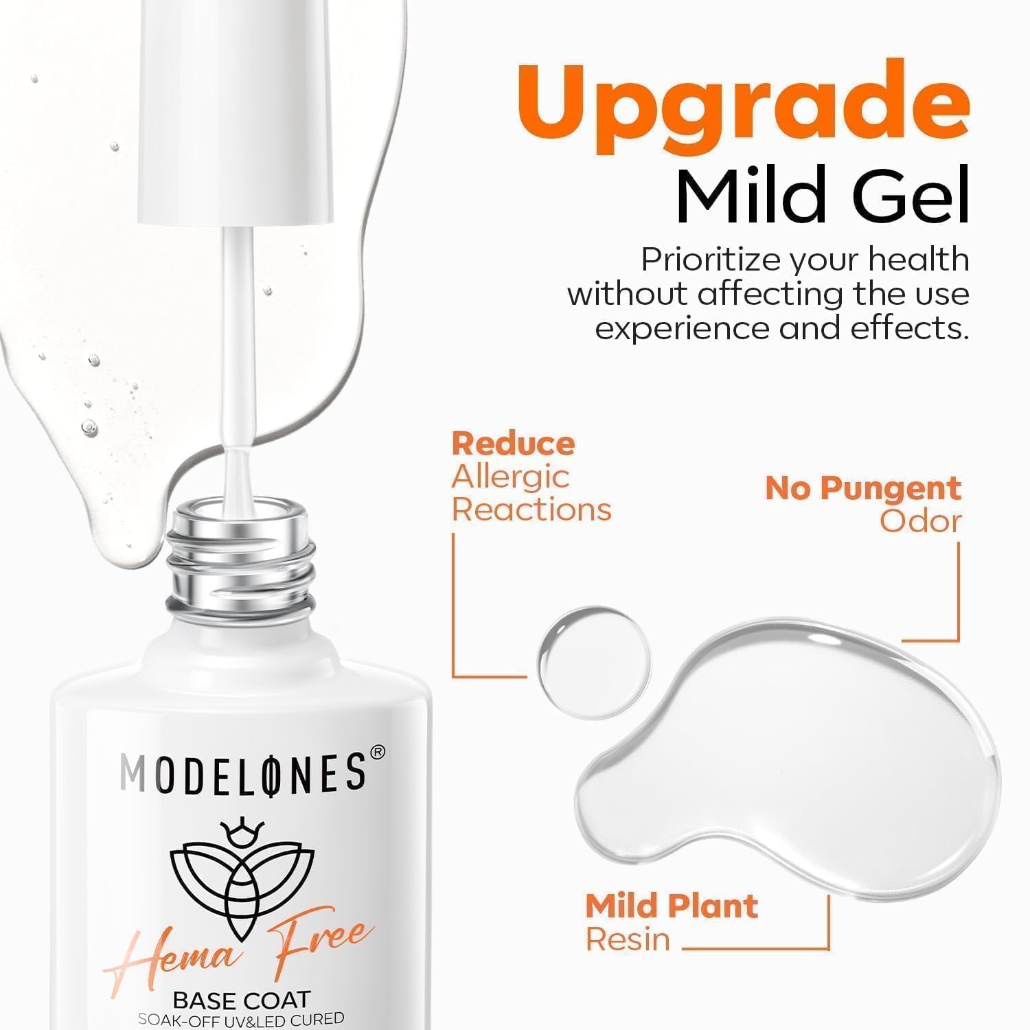modelones Hema-Free Gel Base Coat, 1 Pcs from BELLE GAGA Clear Glossy Gel Base Coat Long Lasting for Gel Polish, Acrylic Nails Soak Off Nail Lamp Nail Art Home Salon Manicure (Base Coat, 10ml) 4