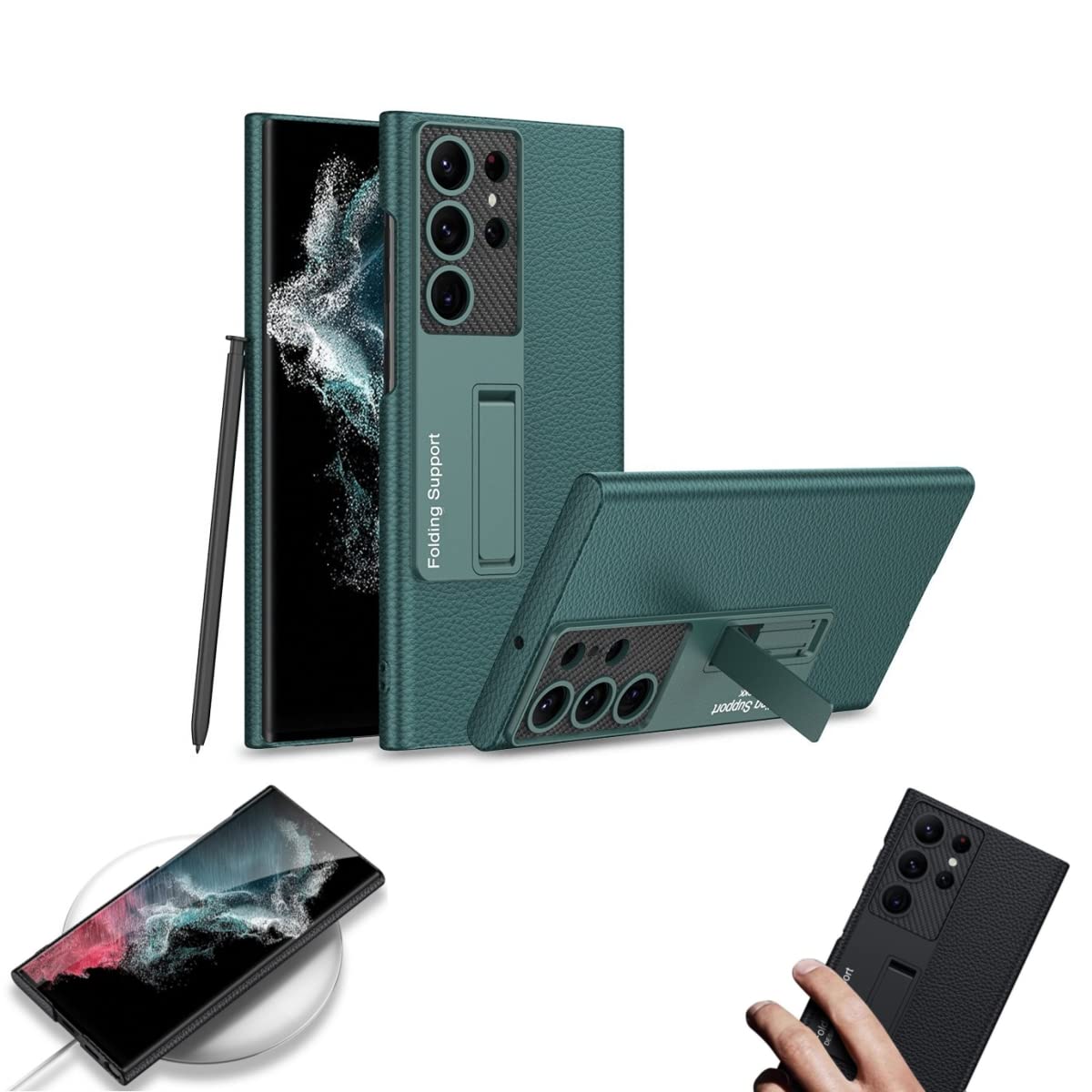 Curved All-Cover Leather Mechanical Shift Bracket Mobile Phone Shell for Samsung Galaxy S23,Slim Drop Proof Shockproof Kickstand Phone Cases,Compatible with Wireless Charging. (S23, Green)