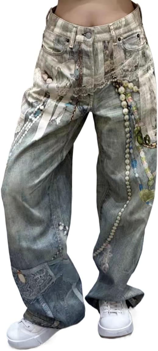 Y2k Unisex Vintage 3D Colorful Pearl Chain Lace Print Baggy Jeans Hiphop Punk Street Harajuku Grunge Casual Denim Pants