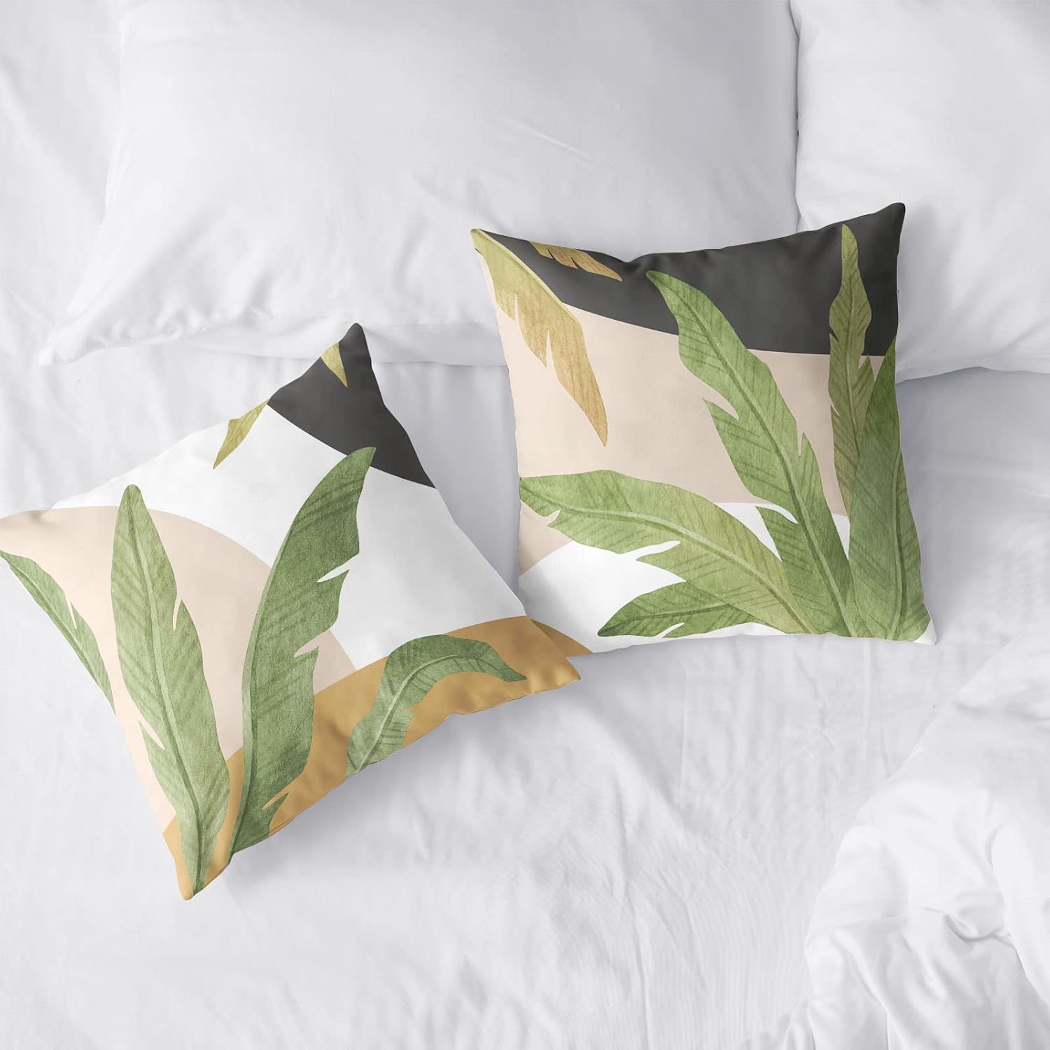 Green Leaves Spring Summer Throw Pillow Covers Geometric Palm Tree Pillow Covers 18x18 Set of 2 Modern Home Decor Room Tropical Outdoor Decorative Pillowcase for Sofa Bed Couch - Image 3