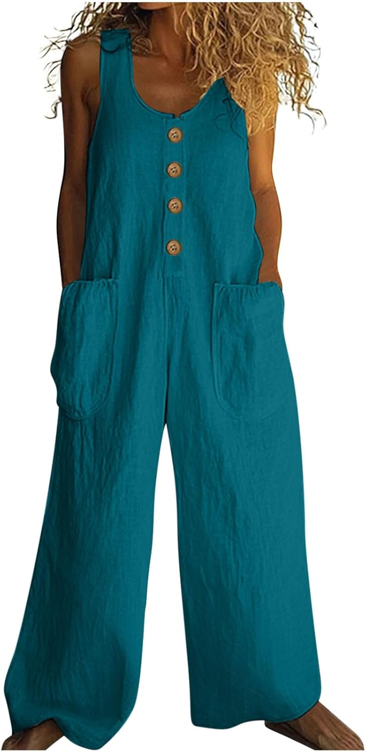 Womens Cotton Linen Jumpsuit Sleeveless Pockets Casual Wide Leg Pants