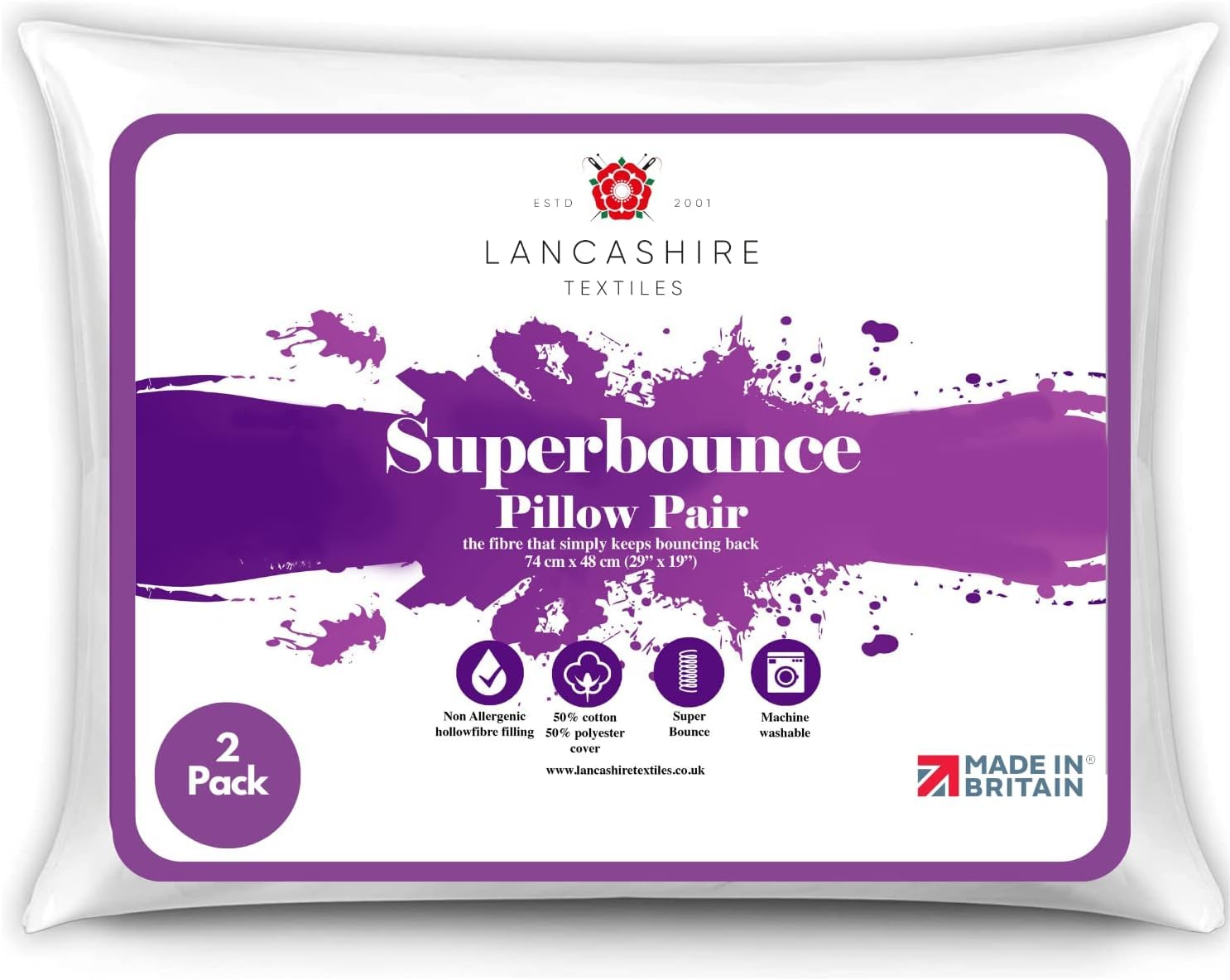 Lancashire Textiles 4 Pack Luxury Super Bounce Pillow Pair Made in