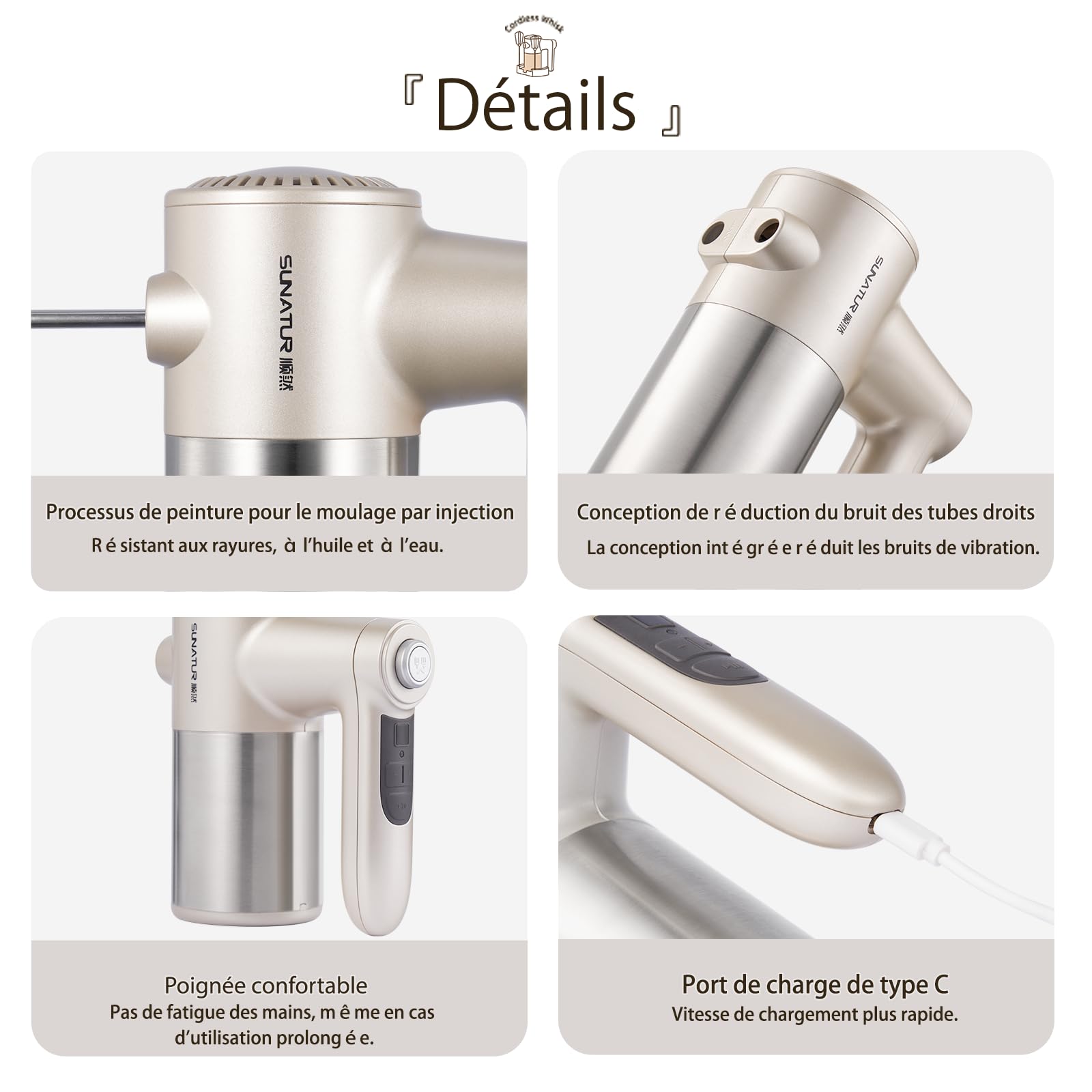 Mixeur rechargeable, moteur en cuivre pur de 200 W, 7 vitesses, batterie de 6000 mAh, libération des lames d'une simple pression, refroidissement par convection, socle avec compartiment de rangement