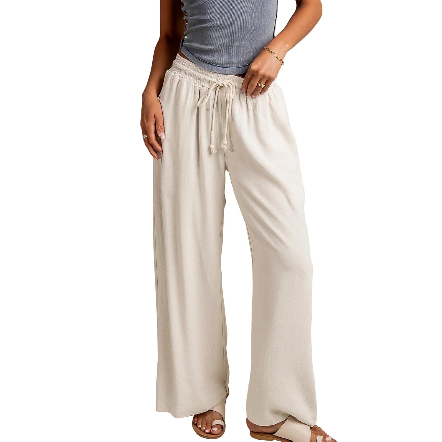 Songling Linen Pants Women Casual Palazzo Drawstring Elastic Waist Flowy Pants Wide Leg Summer Beach Trousers with Pockets
