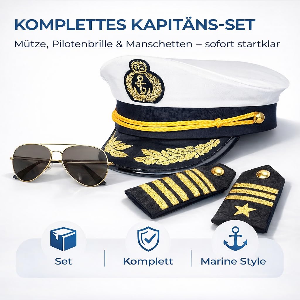 Zestaw kostiumowy Kapitan, z czapką kapitana czapką marynarską czapką żeglarską w stylu marynarskim, okularami pilota, mankietami na karnawał i imprezy kostiumowe dla kobiet i mężczyzn