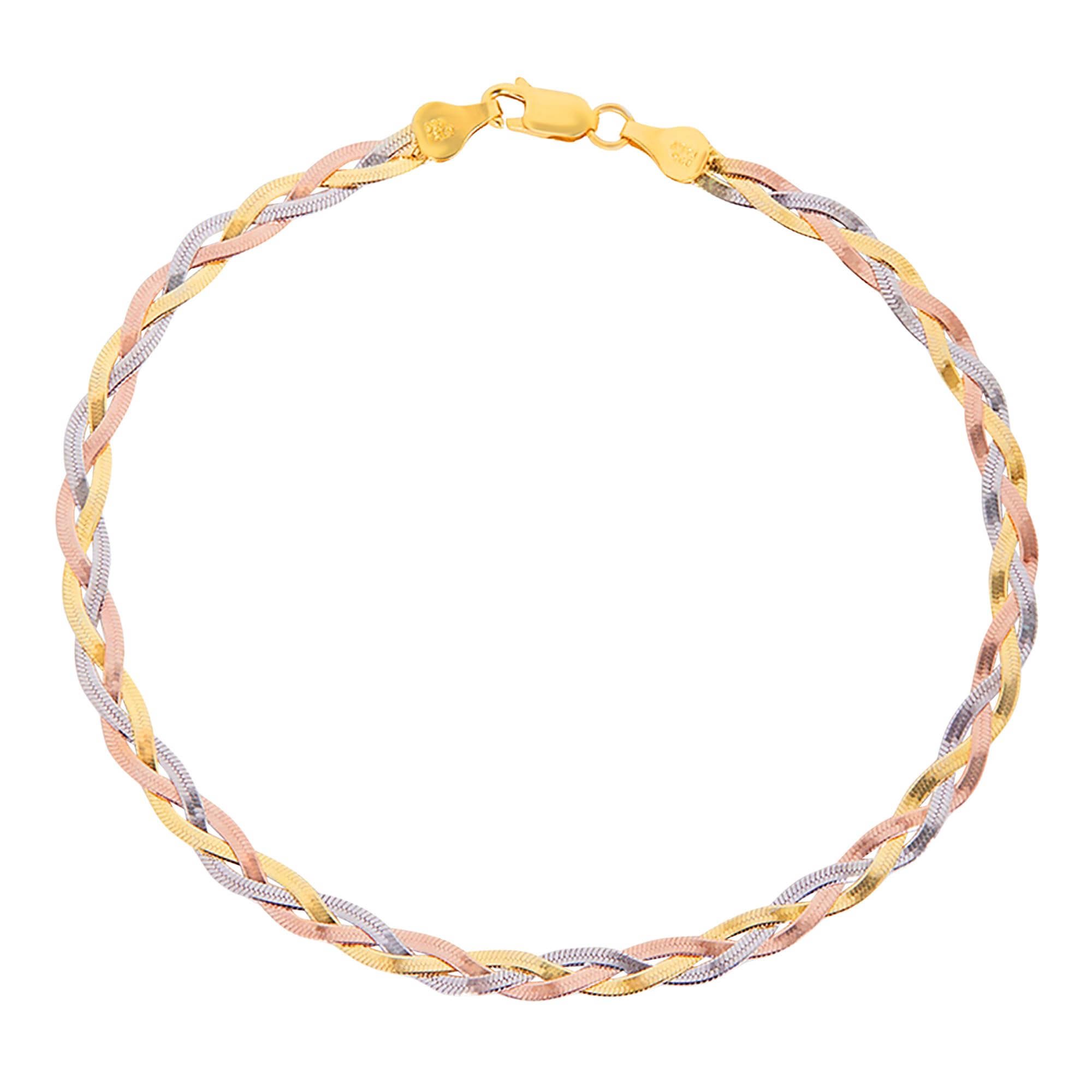 925 Sterling Silver Braided Triple Tone Multicolour Rhodium, Gold and Rose Gold Plated Chain Anklet (Single) | Gift for Women and Girls | With Certificate of Authenticity and 925 Hallmark