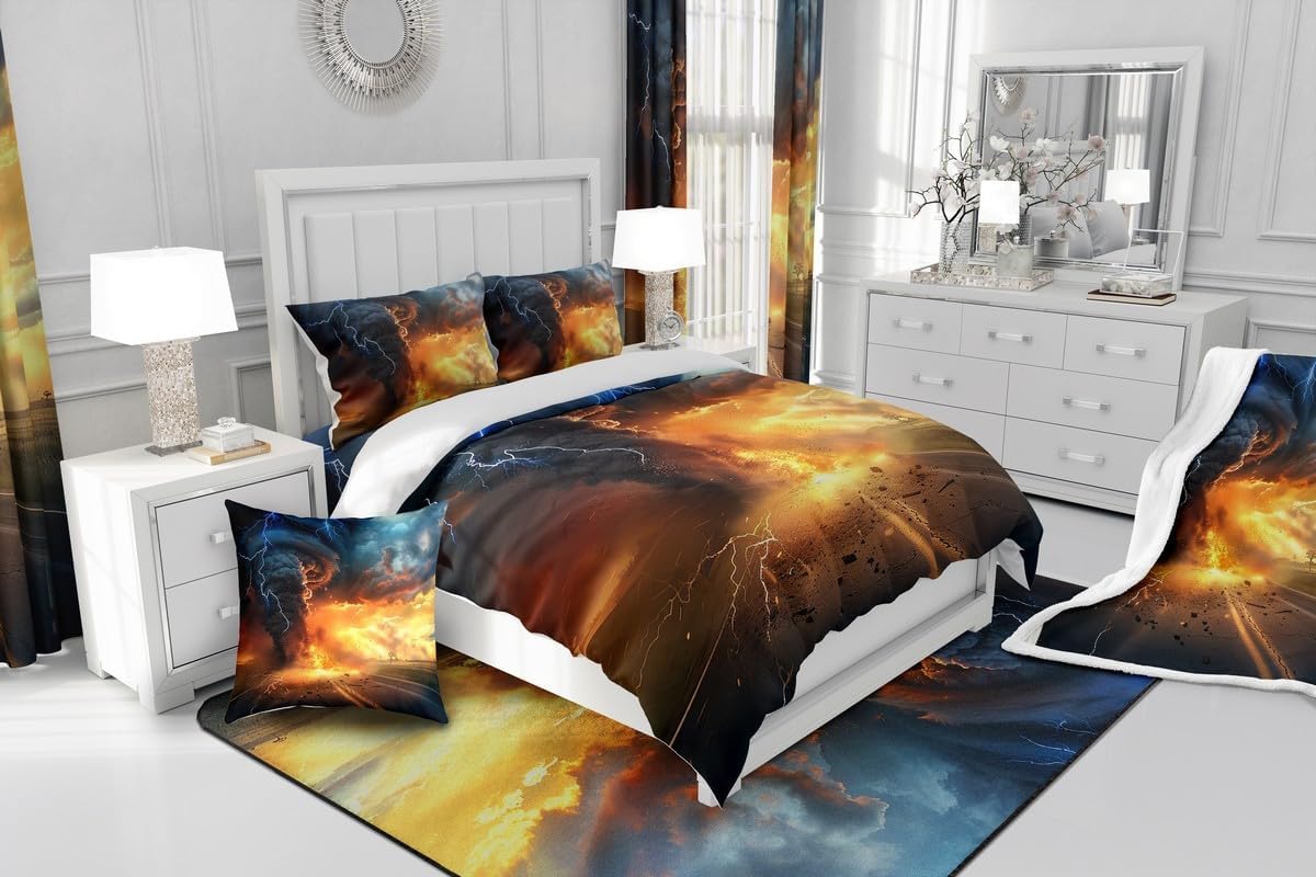 Castle Fairy Tornado Duvet Cover for Boys,Girls Thunder and Lightning Comforter Cover Full Size,Firelight Bedding Set Kids Teen Room Decor Bed Cover,Red and Blue Bedclothes with Zipper