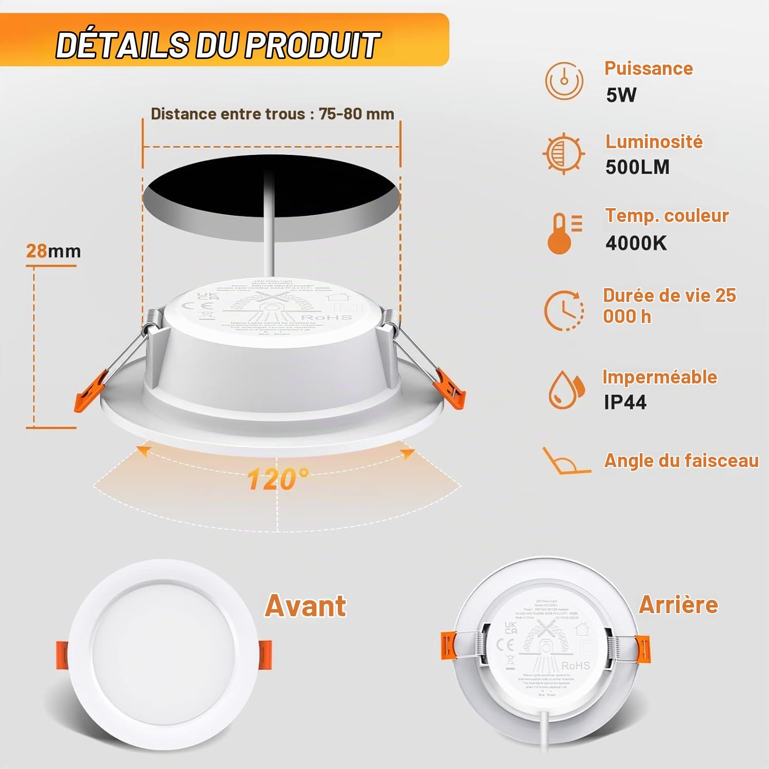OUILA Spot LED Encastrable Lot de 10, 5W 500Lumen Equivalent 50W Incandescence, 4000K Blanc Spot Led Extra Plat Pour Salle de Bain Cuisine Salon Couloir