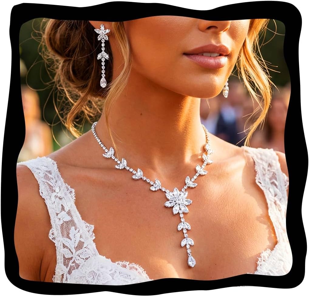 Aukmla Silver Wedding Jewelry Set Rhinstone Bridal Necklace Earrings Sets Prom Necklaces for Women
