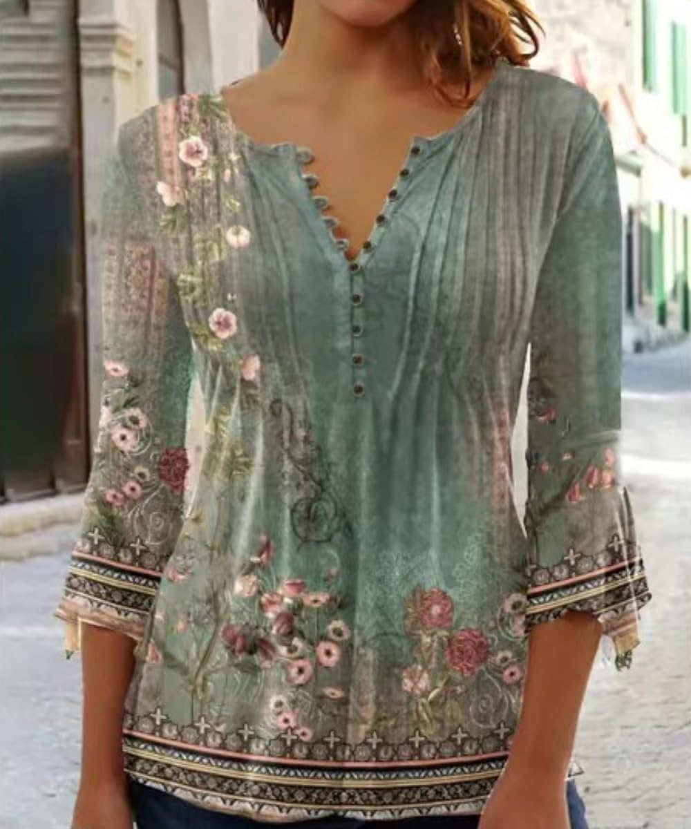ABYOVRT Elegancka bluzka damska, dekolt w serek, rękaw 3/4, tunika, top, luźna bluzka w kwiaty, Henley, długa koszulka w luźnym stylu, koszulka z długim rękawem, S-XXL