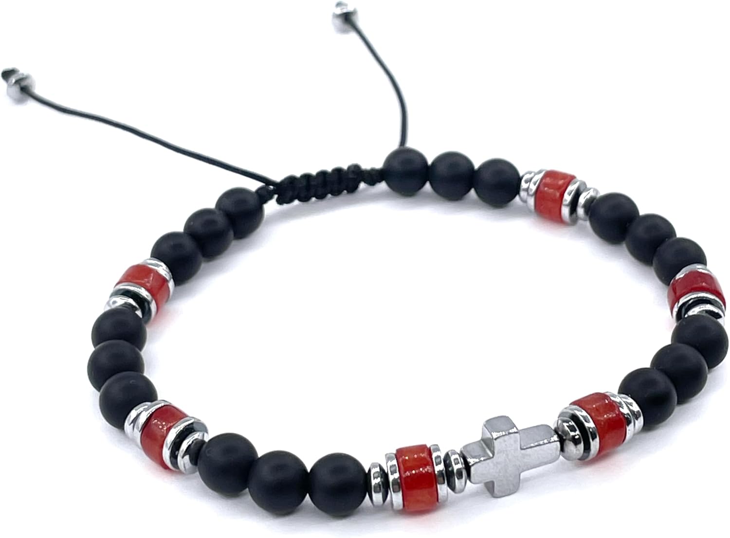Handcrafted Hematite Cross Bracelet with Onyx and Spectrolite Stones - Unique Men's Jewelry with Meticulous Detailing
