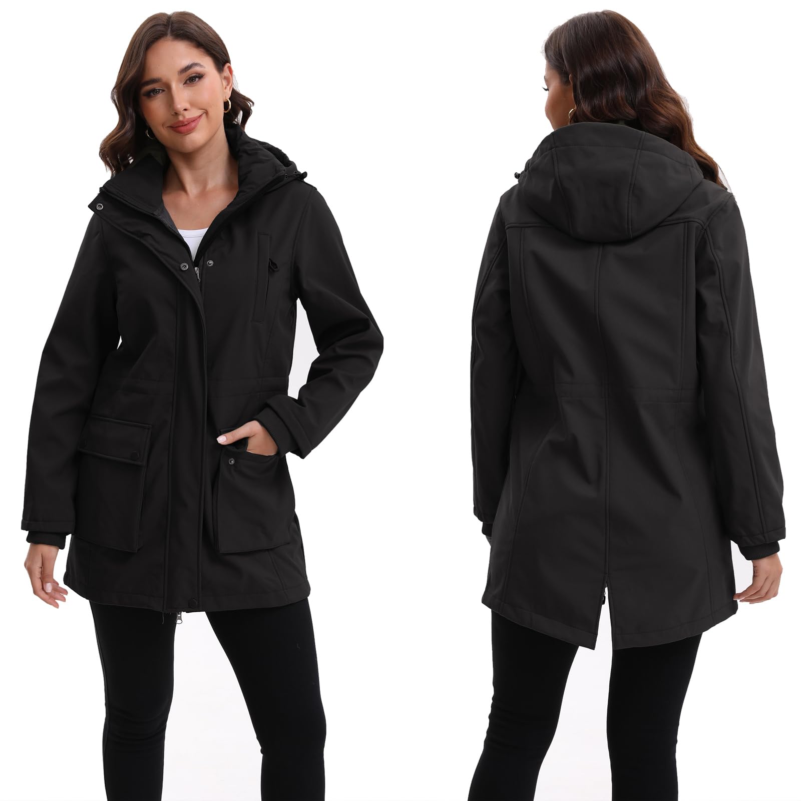 Veste imperméable Femme Vestes Softshell longues Manteau Zippé Coupe-Vent Imperméable d'extérieur Capuche Blouson
