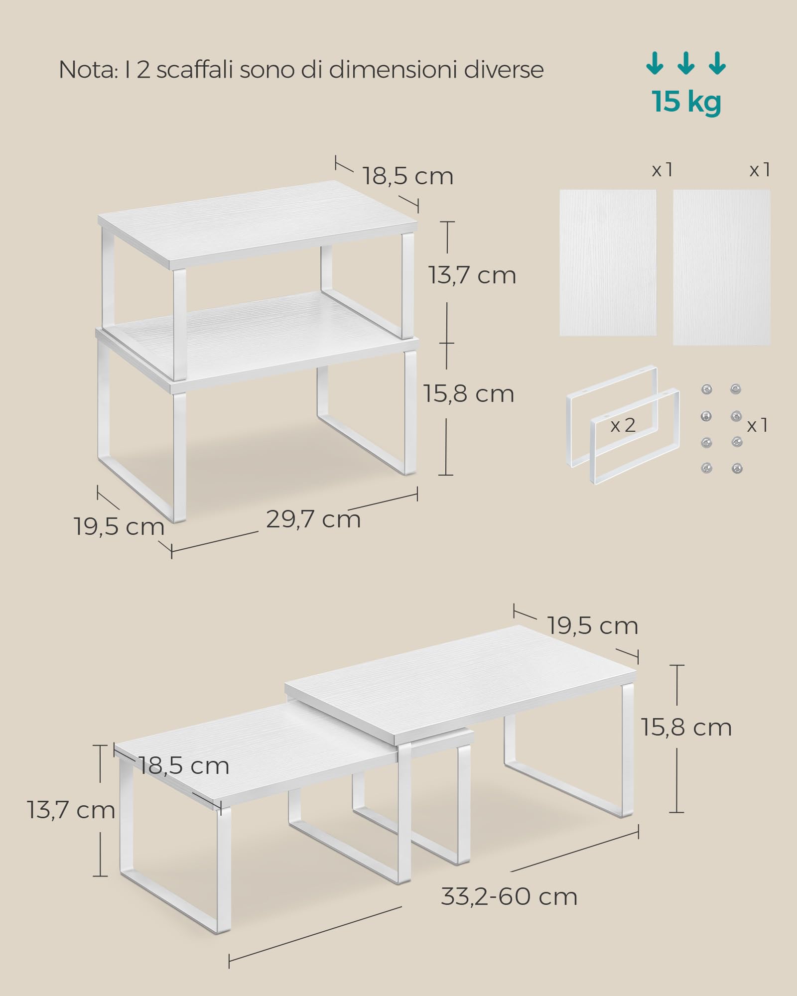 SONGMICS Organizzatori da Cucina Set di 4 Scaffali da Banco Portaoggetti Impilabile Espandibile Metallo Legno Ingegnerizzato Bianco Nuvola Bianco Neve KCS027W01