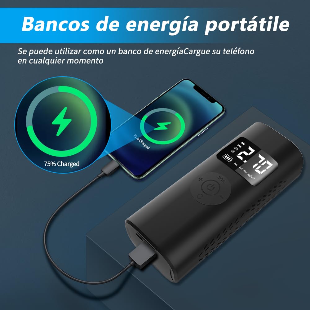 AWESAFE 7800mAh Compresor Aire Portatil 150PSI &Power Bank, Inflador Ruedas Coche con Pantalla LCD Digital y Linterna LED SOS, Bomba de Aire Bicicletas, Scooters, Moto, Coche, Pelotas