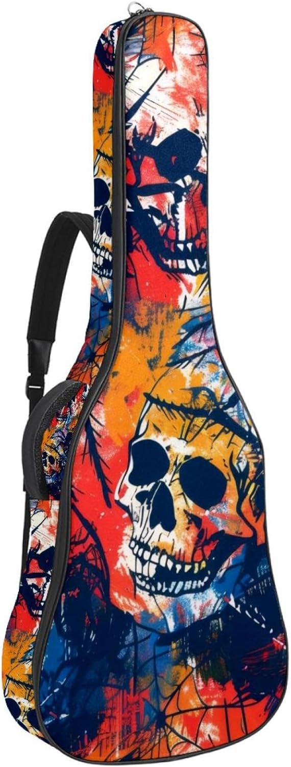Acoustic Guitar Bag 0.4 Inch Thick Padding Waterproof Guitar Case Gig Bag for 40 41 42 Inch Electric Bass Classical Guitar, Bright Skulls Spiders Spiderweb
