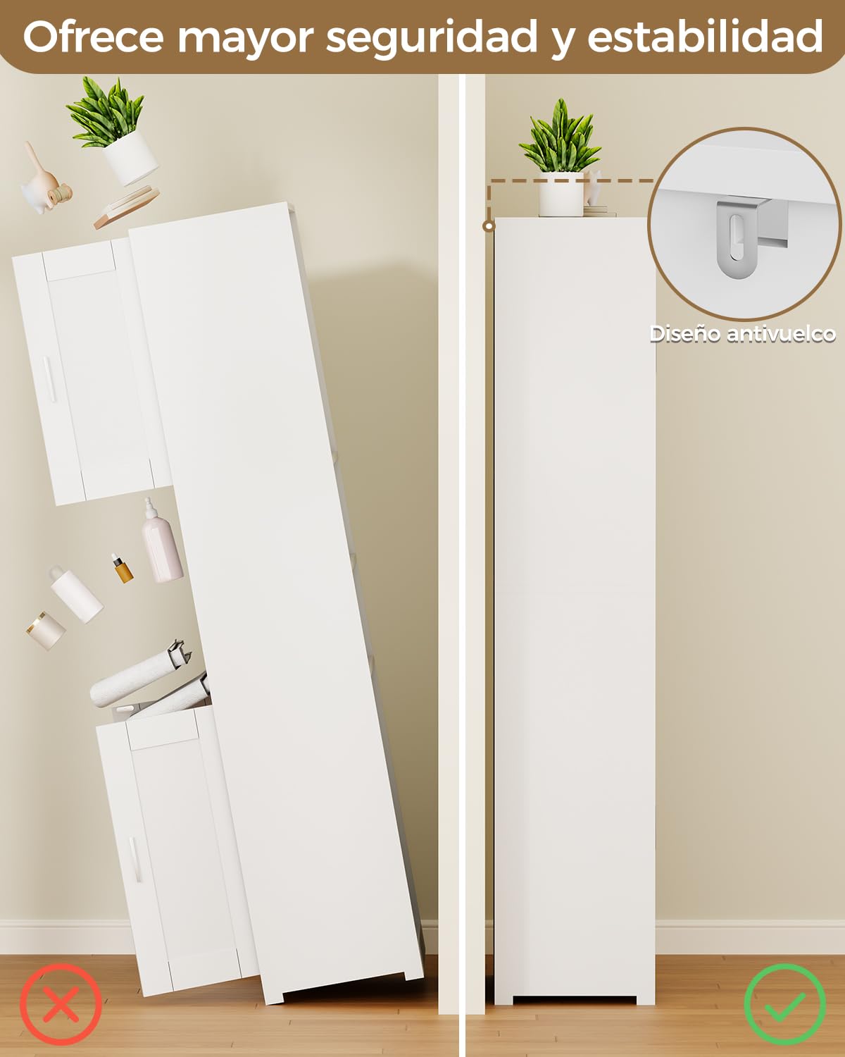 BEWISHOME Mueble Columna de Baño, Armario Alto de Baño, Mueble Auxiliar de Almacenaje con Estante Ajustable, Kit Antivuelco, para Cocina, Salón, de Moderno 30x60x170 cm Blanco EYYG09W