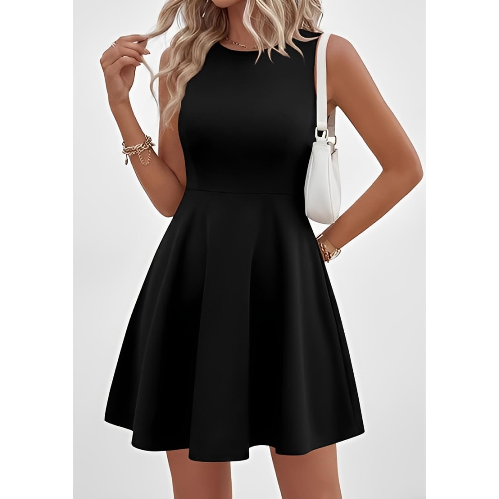 Vestito Donna Elegante Corto Mini Abito Senza Maniche Scollo Rotondo Vestito Estivo da Sera Casual Swing in Linea A Sexy Vestiti Vita Alta Bodycon per Cocktail Discoteca Festa