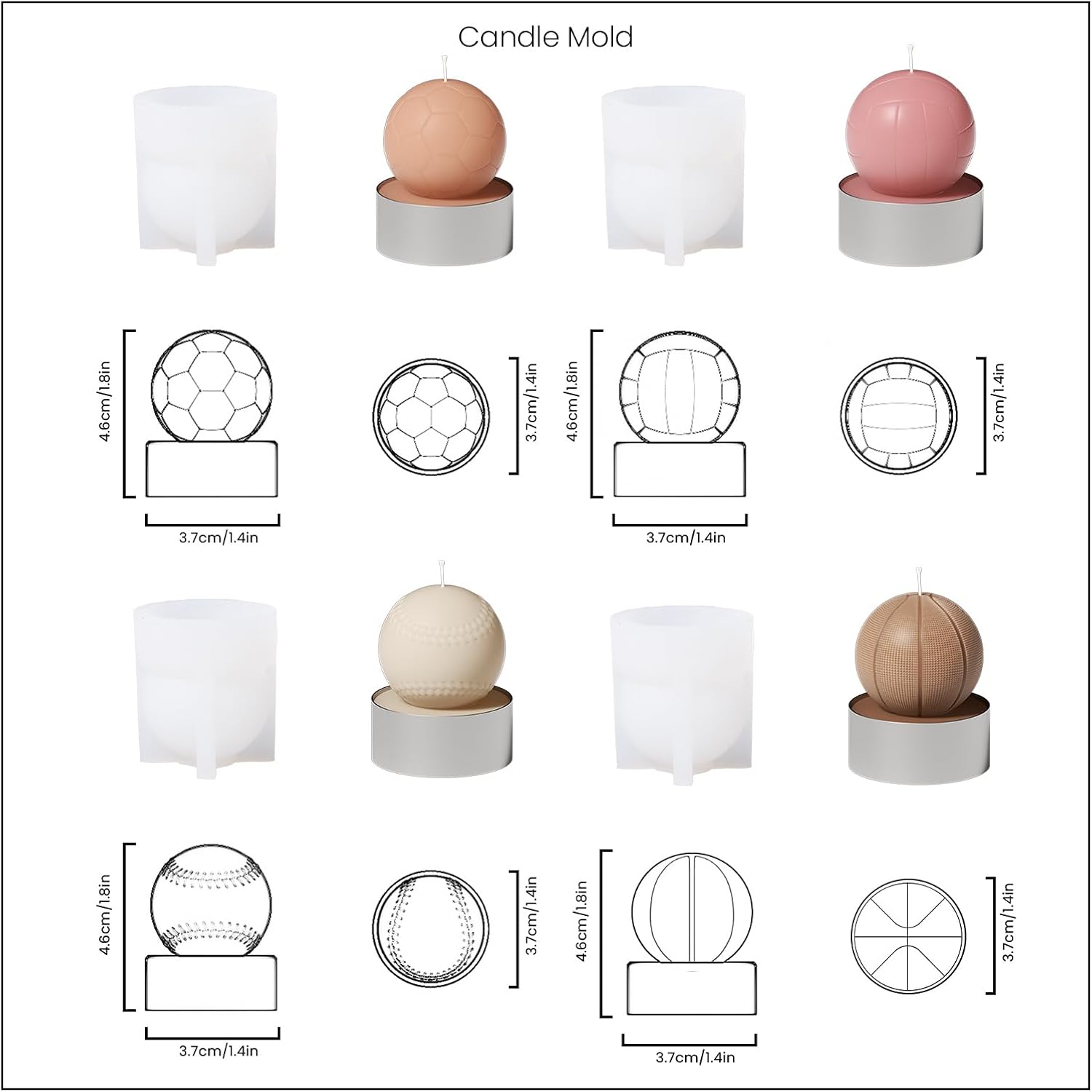 BOOWAN NICOLE Play Ball Tealight Candle Silicone Molds for Candle Making, Silicone Candle Moulds for Handmade DIY Home Decoration Games (LZ0700-703)