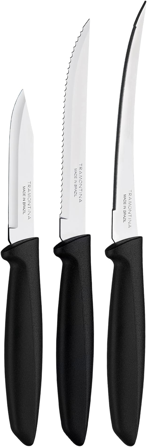 Plenus 3-Piece Knife Set | Stainless Steel Blades with Black Polypropylene Handles | Serrated Fruit & Tomato Knife + Plain Edge Vegetable & Fruit Knife | Dishwasher Safe.