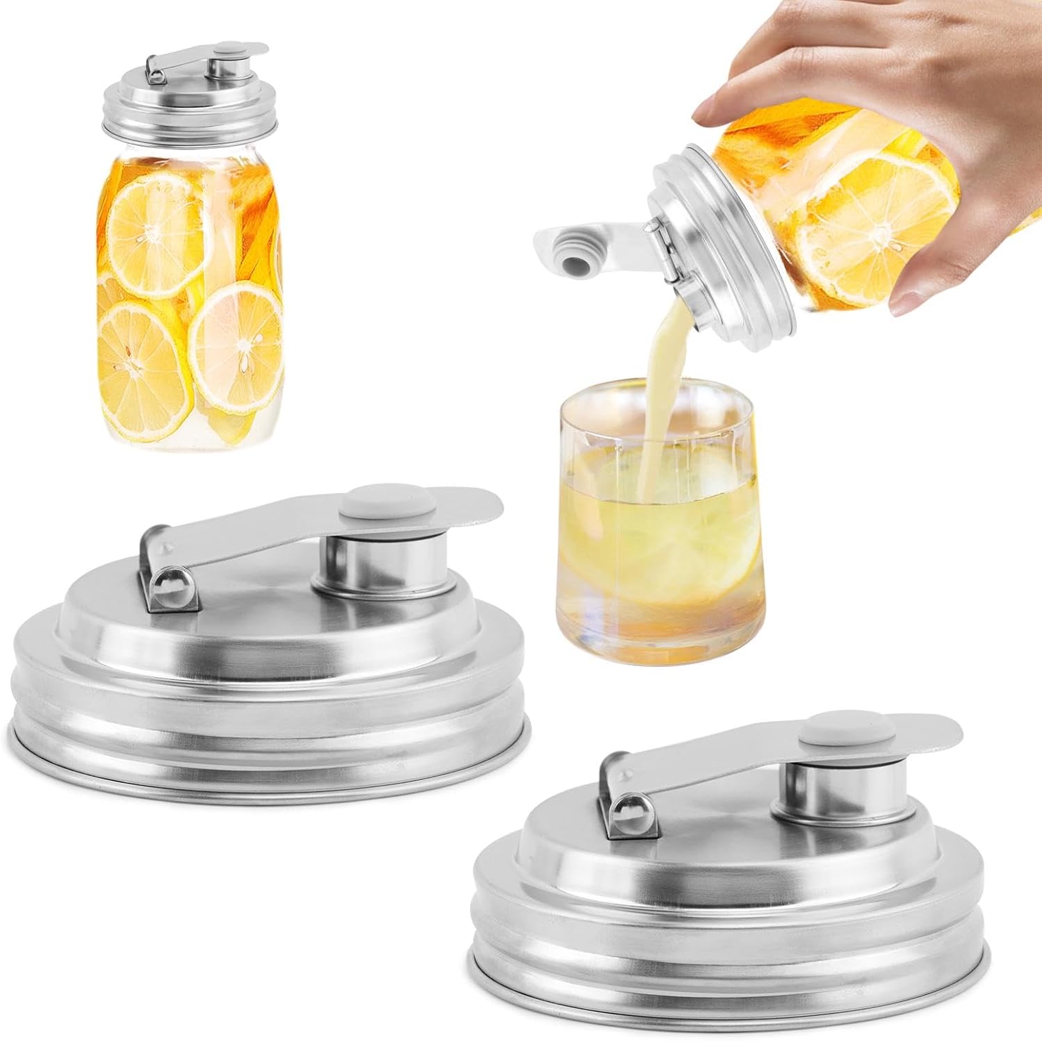 Mason Jar Pour Spout Lid Stainless Steel, 2 Pack Wide Mouth Mason Jars Lids, Anticracking Ball Wide Mouth Lid, Canning Lids for Drinking, Salad Dressing(2 Pcs)