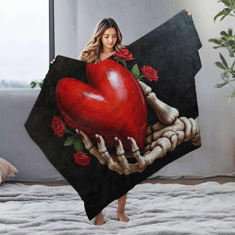 Couverture en flanelle douce squelette cœur rouge roses plaid lit cosy