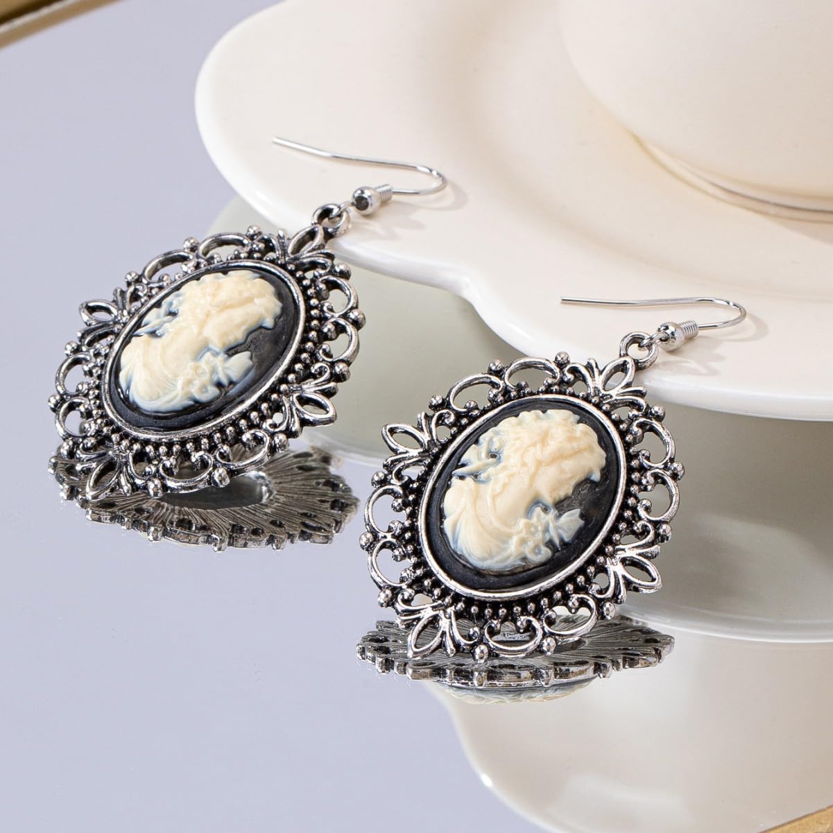Victorian Princess Cameo in Silver Finish Frame Hook Earrings for Women Statement Elegant Antique Silhouette Oval Dangle Drop Vintage Gothic Art Deco Halloween Mother's Day Holiday Jewelry Gifts image 3