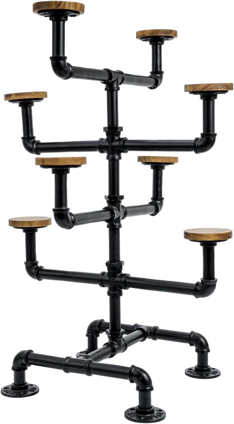 MyGift Hat Display Stand, Cowboy Hat Holder Rack with 8 Round Rustic Burnt Solid Wood Hangers, Countertop Retail Display Stand for Baseball Cap or Wig, Industrial Black Metal Pipe