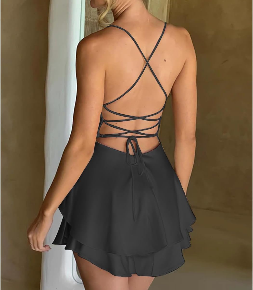 LuFeng Women's Elegant Satin A-line Summer Sleevesless Rompers Bandage Back Spaghetti Strape Tiered Mini Dress Jumpsuits - Image 4