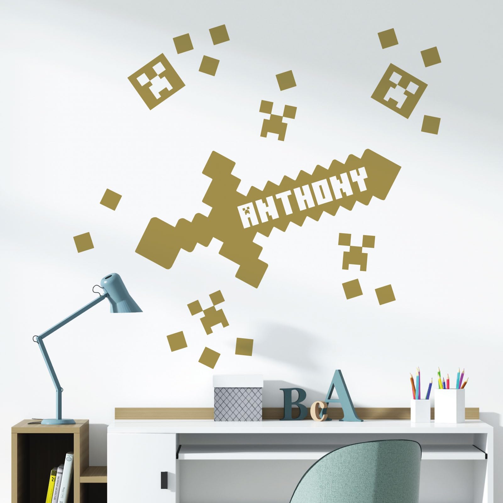 Gaming Mine Inspired Personalised Name - Gamers Bedroom Wall Sticker [XLarge] [Gold]