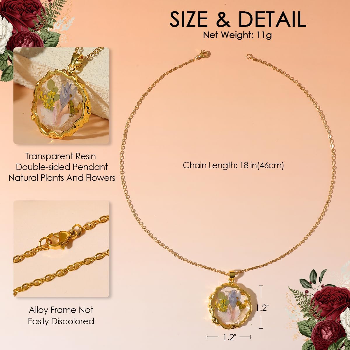 Birth Flower Necklaces for Women Golden Month Real Pressed Flora Necklace Handmade Boho Jewelry for Birthday Christmas Valentine's Day Lover Mother - Image 6