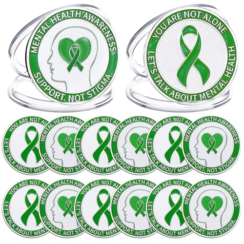 Tondiamo 12 Pcs Mental Health Awareness Coins Green Ribbon Love Coins Self Care Reminder Token Inspirational Coin Mental Health Awareness Month Gifts Decorations Unisex for Women Men