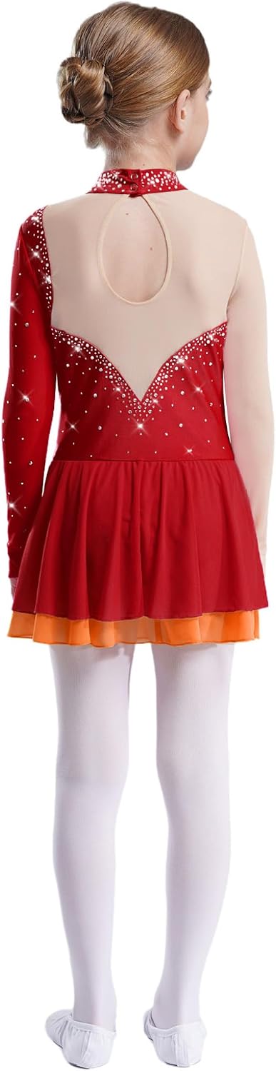 Kids Girls Figure Ice Skating Dress Rhinestone Splice Mesh Long Sleeve Tutu Skirted Leotard Ballet Dance Costume